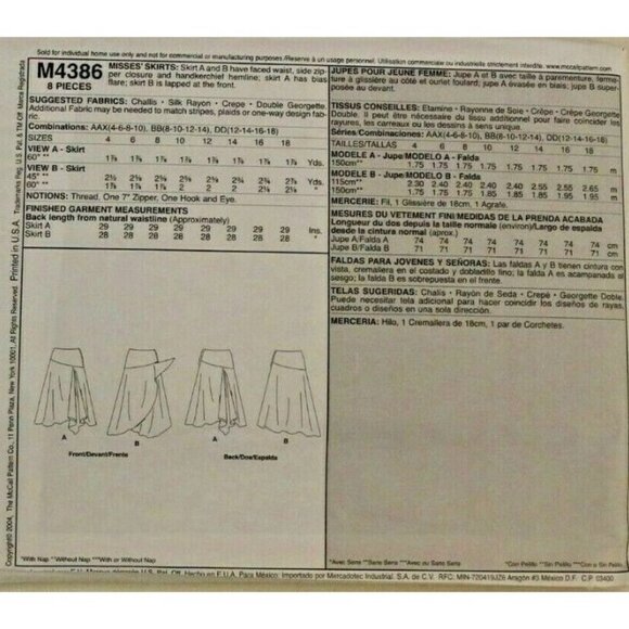 McCalls Sewing Pattern 4386 Skirt Misses Size 12-18 - Picture 2 of 2